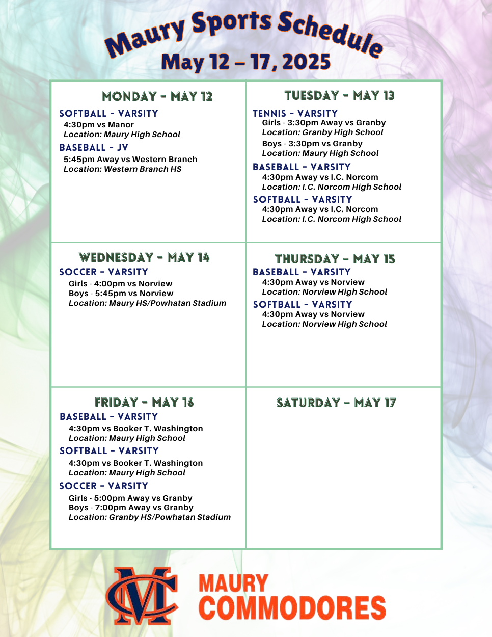Weekly Sports Schedule